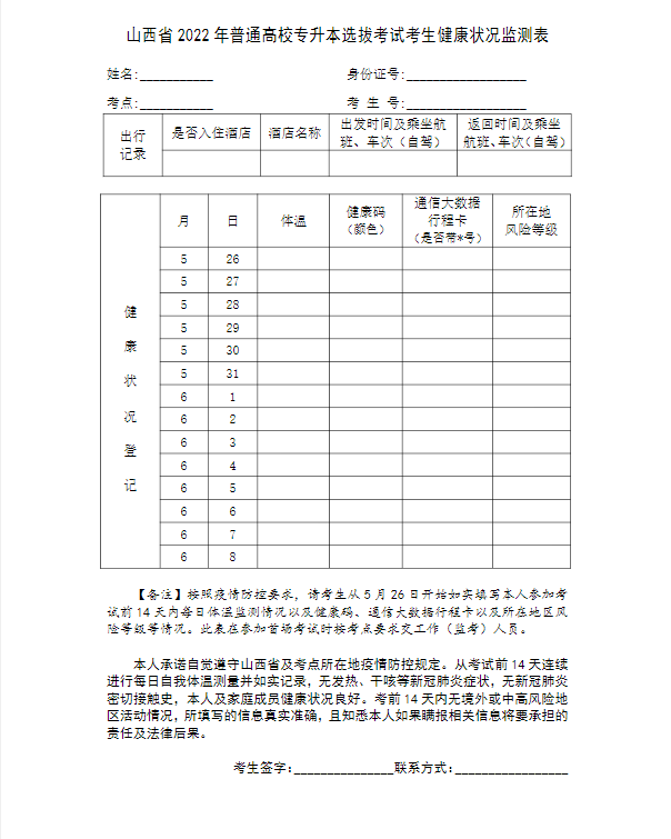 山西省2022年專升本考試考生健康狀況監(jiān)測表下載