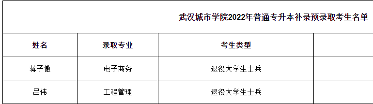 武漢城市學院補錄預錄取名單